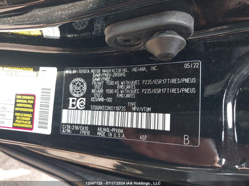 2022 Toyota Sienna Le 8-Passenger/Xle 8-Passenger/Xse 7-Passenger VIN: 5TDGRKEC0NS118735 Lot: 12047125