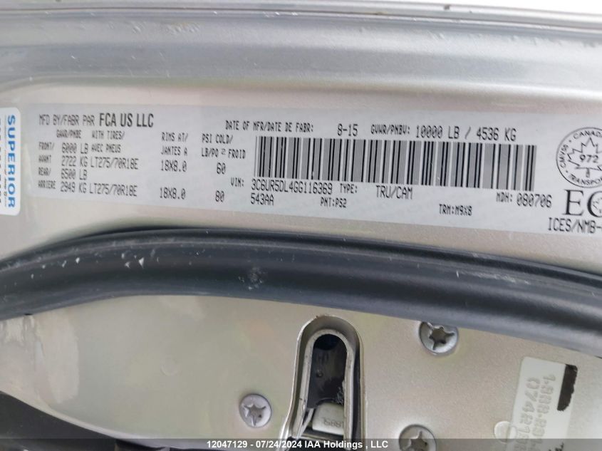 2016 Ram 2500 Slt VIN: 3C6UR5DL4GG116369 Lot: 12047129