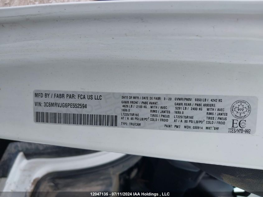 2023 Ram Promaster 3500 High Roof Extended 159 In. Wb VIN: 3C6MRVJG6PE552594 Lot: 12047135