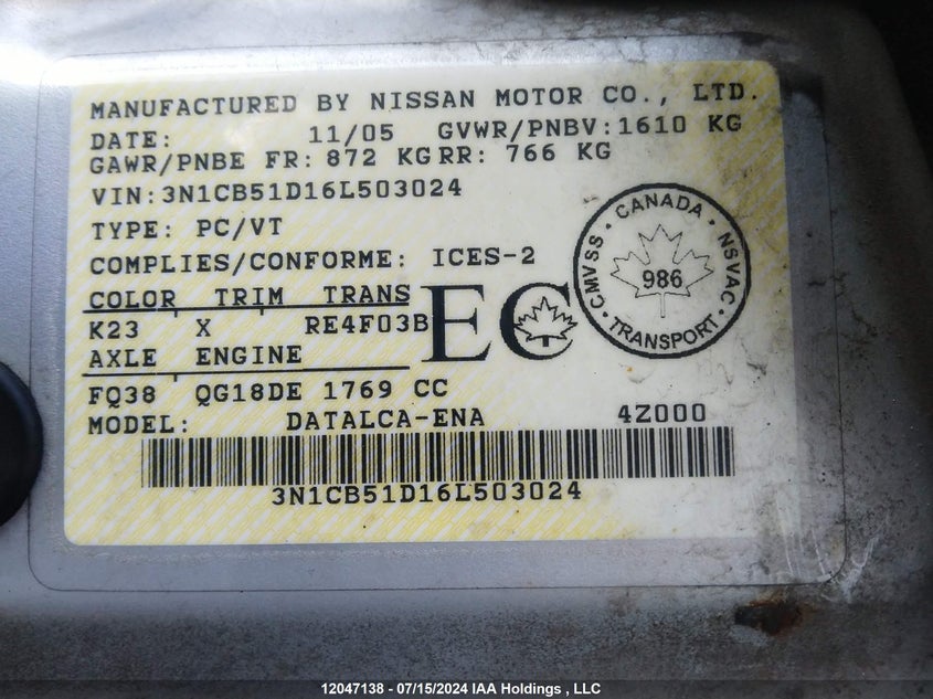 2006 Nissan Sentra VIN: 3N1CB51D16L503024 Lot: 12047138