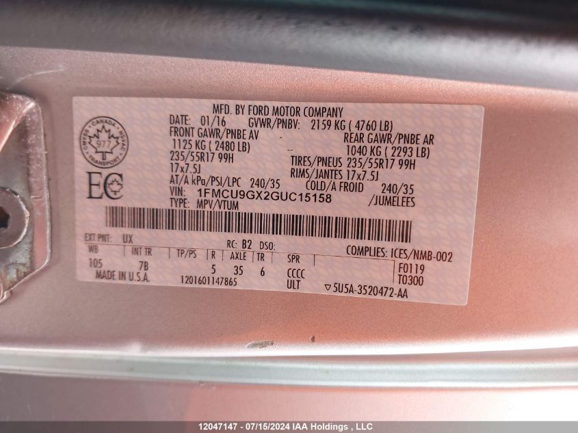 2016 Ford Escape VIN: 1FMCU9GX2GUC15158 Lot: 12047147