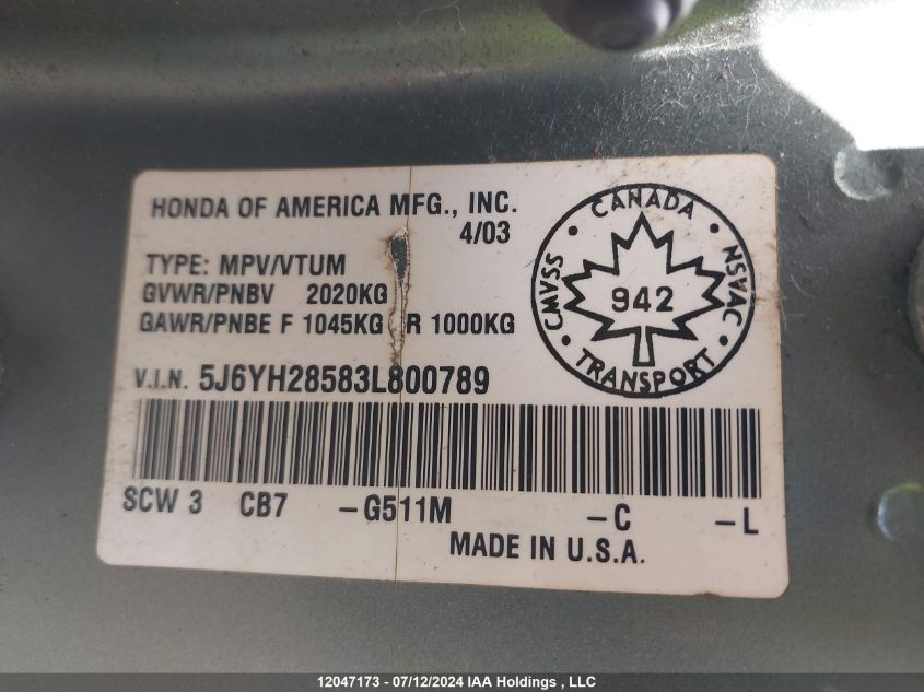 2003 Honda Element VIN: 5J6YH28583L800789 Lot: 12047173