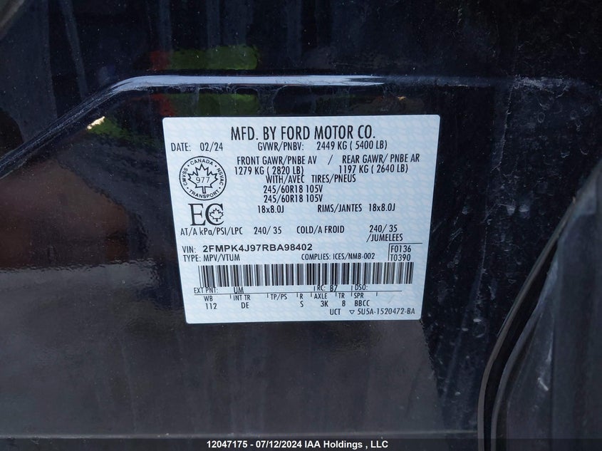 2024 Ford Edge Sel VIN: 2FMPK4J97RBA98402 Lot: 12047175