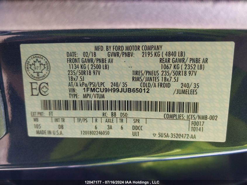 2018 Ford Escape Sel VIN: 1FMCU9H99JUB65012 Lot: 12047177