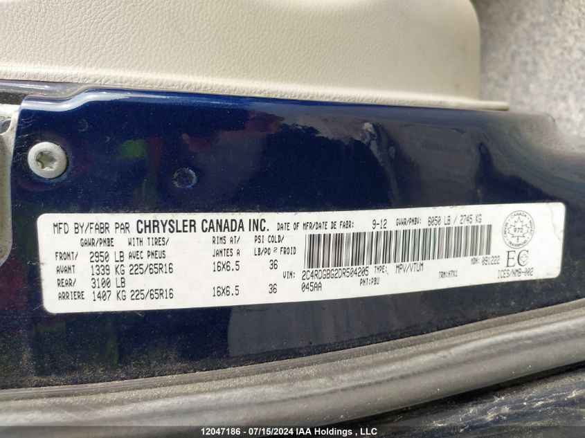 2013 Dodge Grand Caravan Se/Sxt VIN: 2C4RDGBG2DR504205 Lot: 12047186