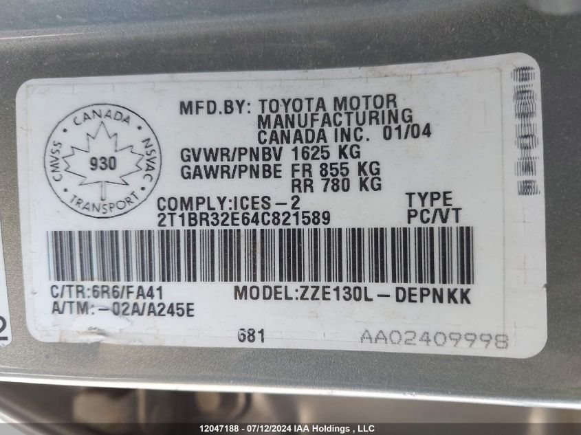 2004 Toyota Corolla Ce/Le/S VIN: 2T1BR32E64C821589 Lot: 12047188