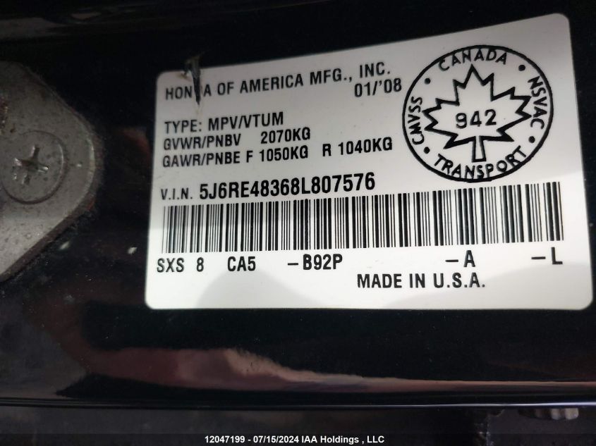 2008 Honda Cr-V VIN: 5J6RE48368L807576 Lot: 12047199