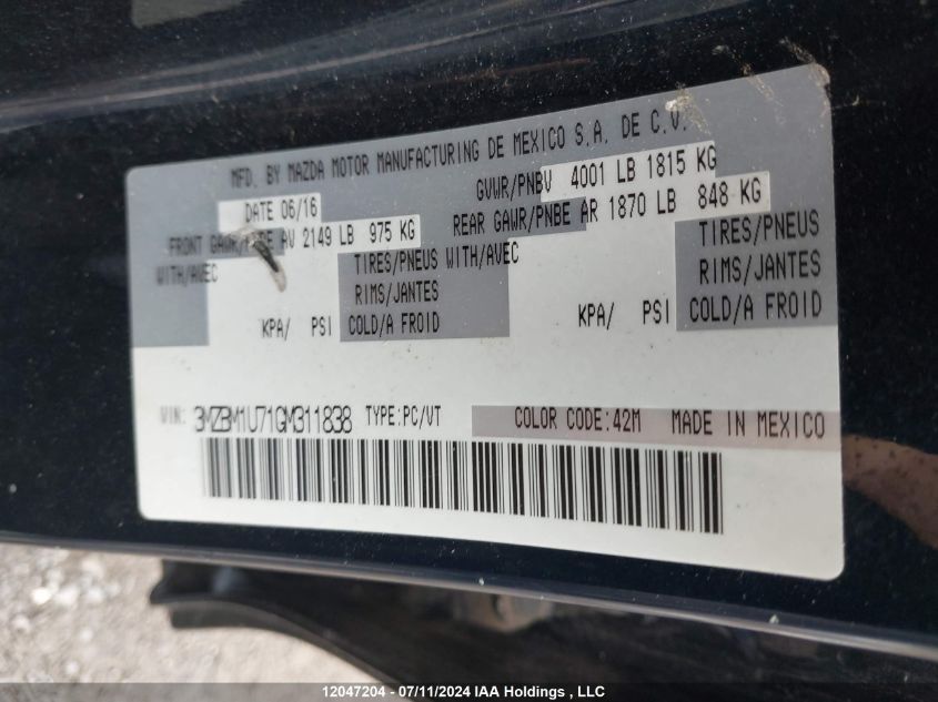 2016 Mazda Mazda3 VIN: 3MZBM1U71GM311838 Lot: 12047204