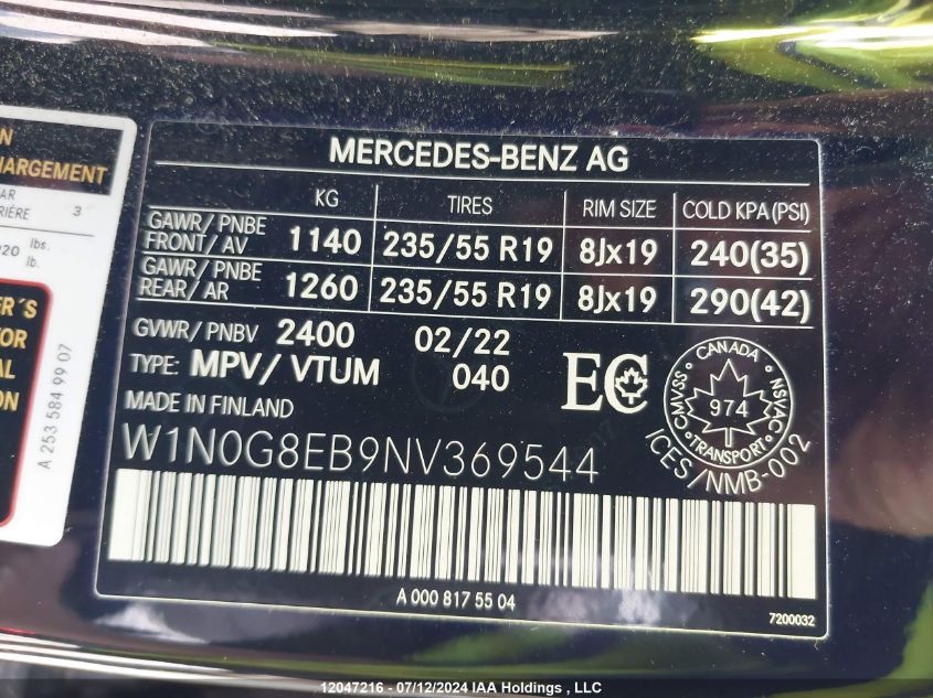 2022 Mercedes-Benz Glc VIN: W1N0G8EB9NV369544 Lot: 12047216