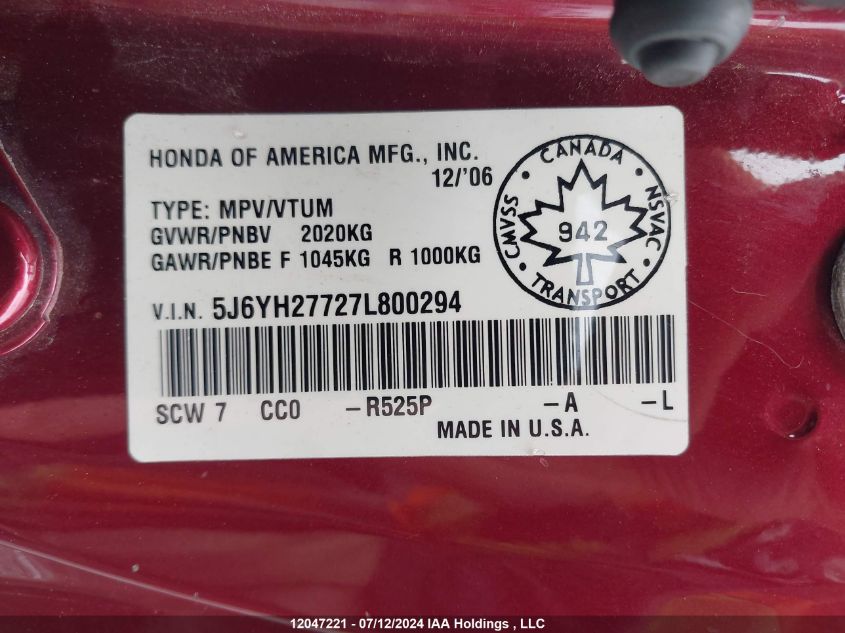 2007 Honda Element VIN: 5J6YH27727L800294 Lot: 12047221