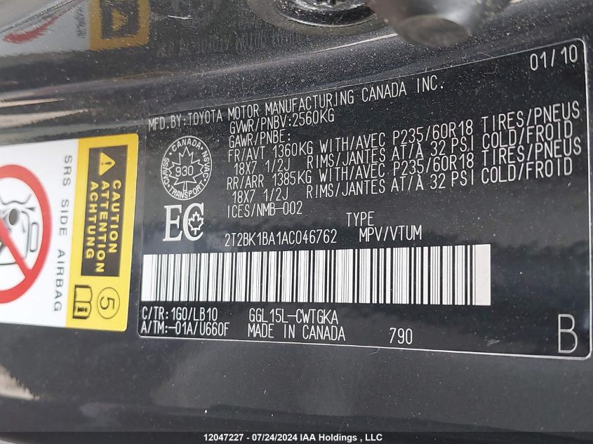 2010 Lexus Rx 350 VIN: 2T2BK1BA1AC046762 Lot: 12047227