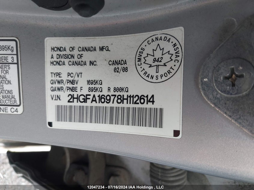 2008 Honda Civic Sdn VIN: 2HGFA16978H112614 Lot: 12047234