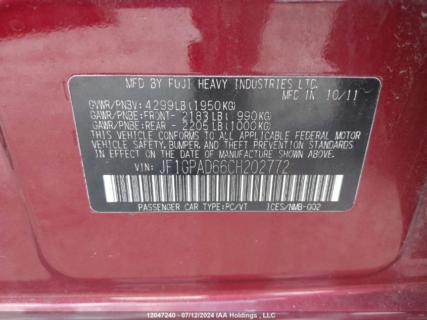 2012 Subaru Impreza VIN: JF1GPAD66CH202772 Lot: 12047240