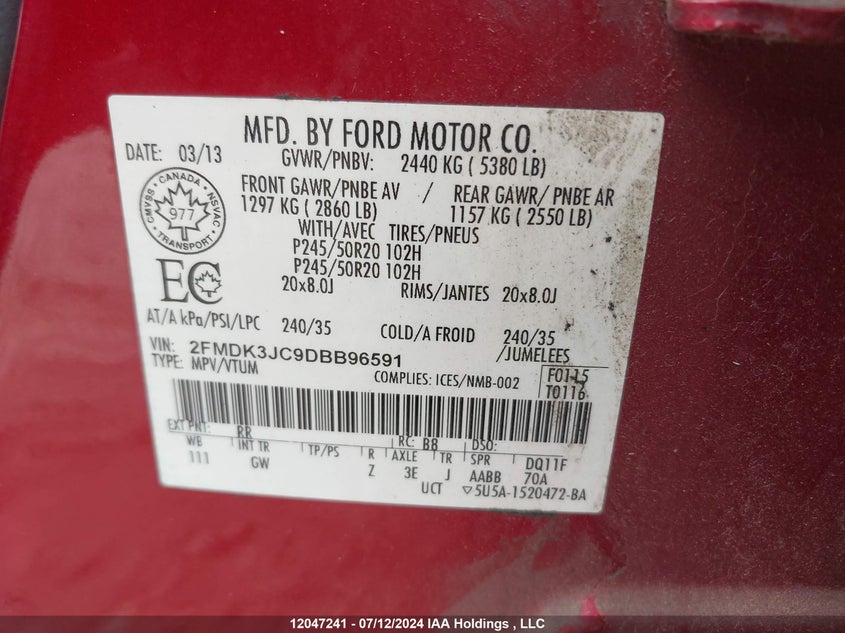 2013 Ford Edge Sel VIN: 2FMDK3JC9DBB96591 Lot: 12047241