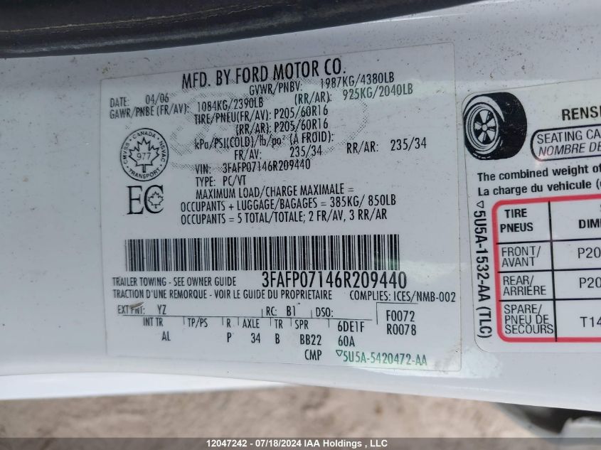 2006 Ford Fusion VIN: 3FAFP07146R209440 Lot: 12047242