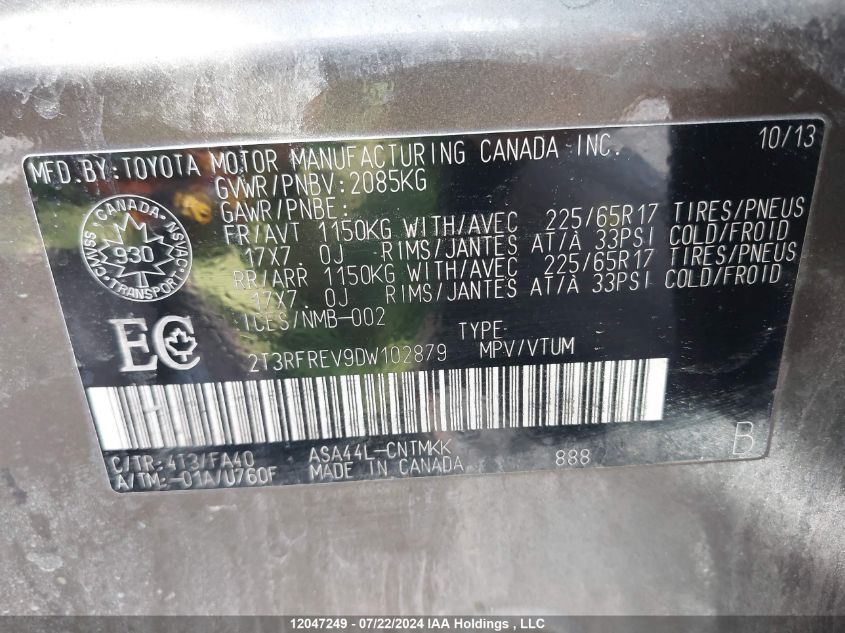 2013 Toyota Rav4 Xle VIN: 2T3RFREV9DW102879 Lot: 12047249