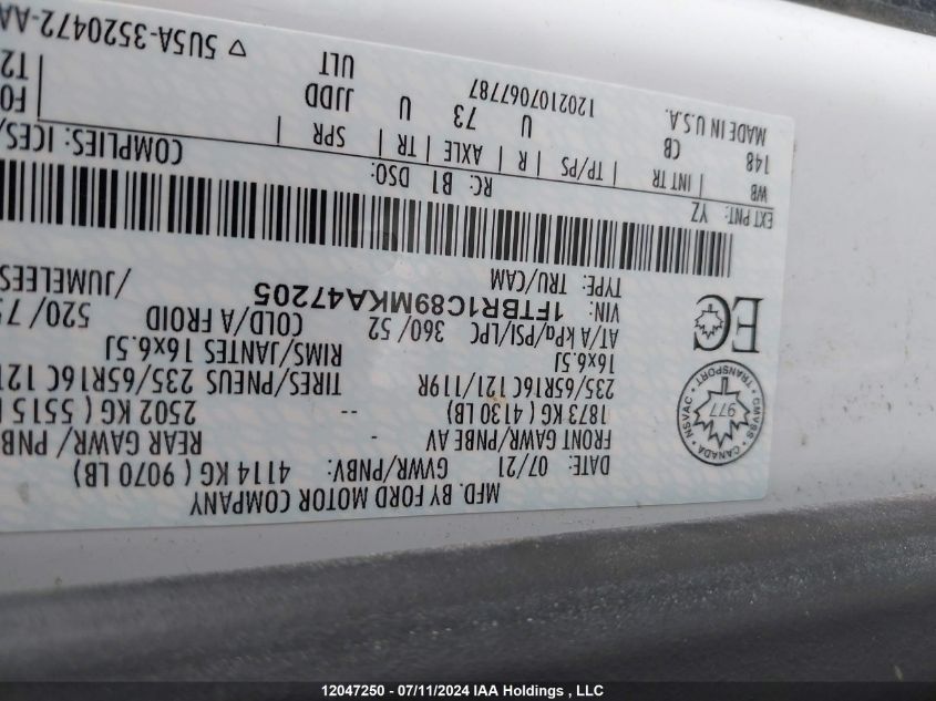 2021 Ford Transit T-250 VIN: 1FTBR1C89MKA47205 Lot: 12047250