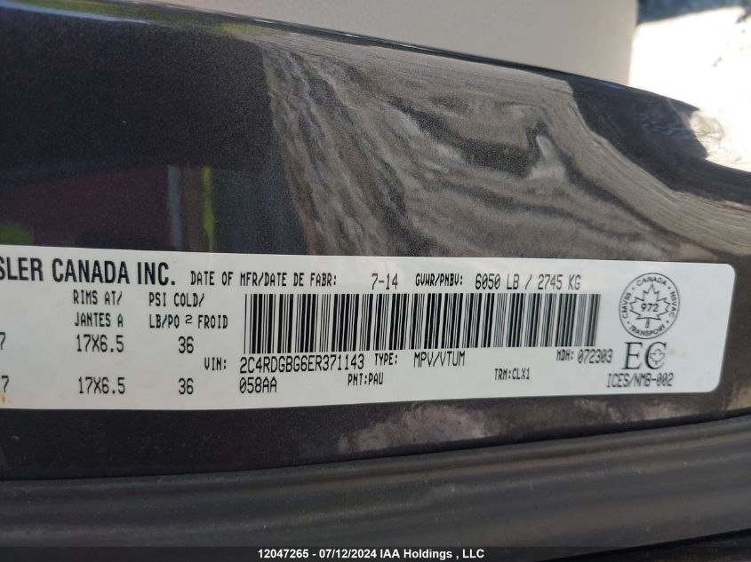 2014 Dodge Grand Caravan Se/Sxt VIN: 2C4RDGBG6ER371143 Lot: 12047265