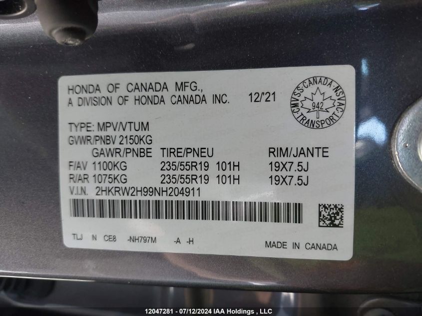 2022 Honda Cr-V Touring VIN: 2HKRW2H99NH204911 Lot: 12047281