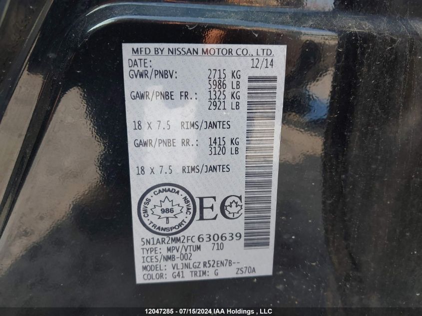 2015 Nissan Pathfinder S/Sv/Sl/Platinum VIN: 5N1AR2MM2FC630639 Lot: 12047285