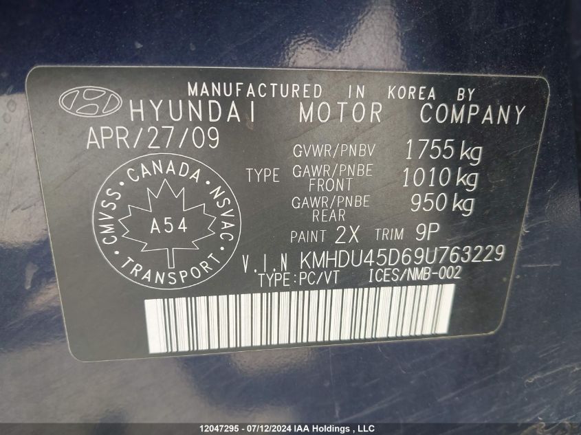 2009 Hyundai Elantra VIN: KMHDU45D69U763229 Lot: 12047295