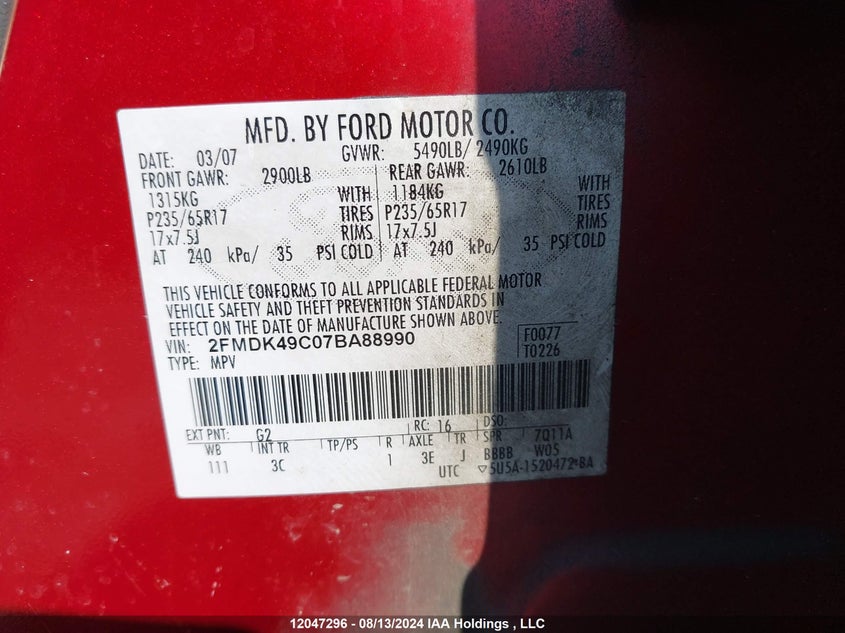 2007 Ford Edge VIN: 2FMDK49C07BA88990 Lot: 12047296