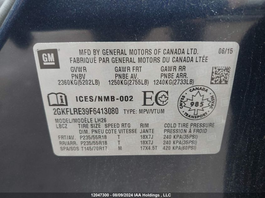 2015 GMC Terrain VIN: 2GKFLRE39F6413080 Lot: 12047300