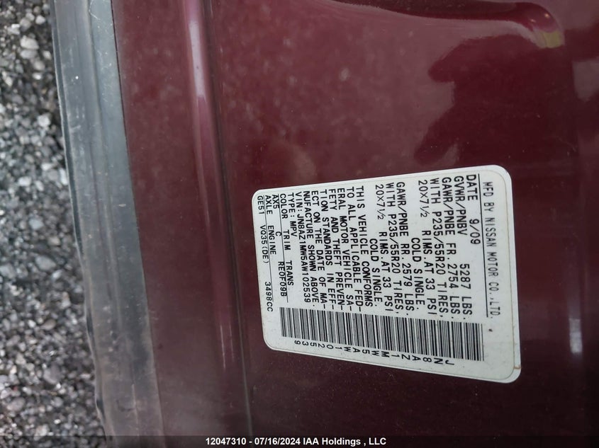 2010 Nissan Murano VIN: JN8AZ1MW5AW102539 Lot: 12047310