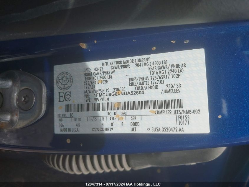 2022 Ford Escape Se VIN: 1FMCU9G6XNUA52604 Lot: 12047314