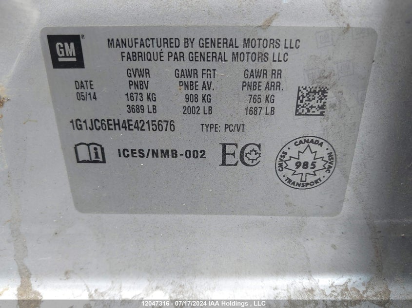 2014 Chevrolet Sonic VIN: 1G1JC6EH4E4215676 Lot: 12047316