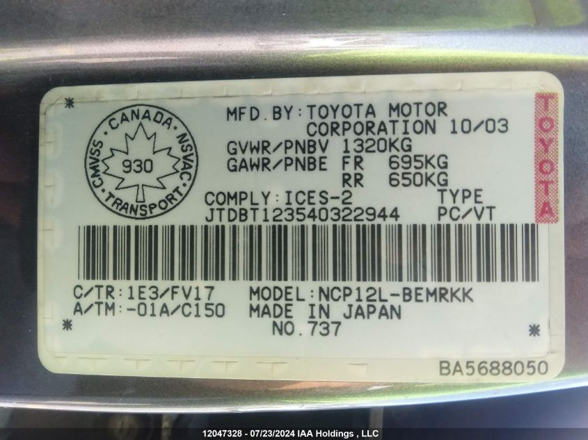 2004 Toyota Echo VIN: JTDBT123540322944 Lot: 12047328