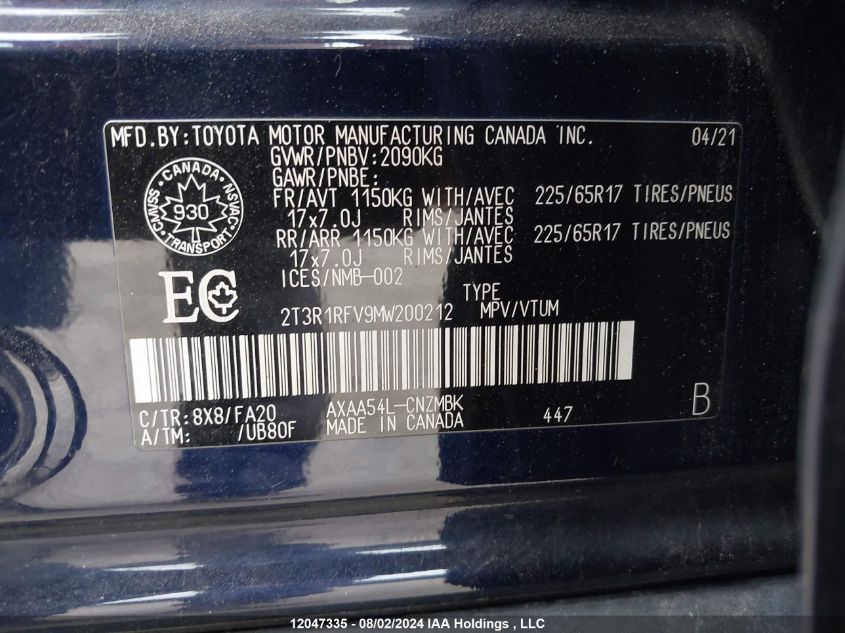 2021 Toyota Rav4 Xle/Xle Premium VIN: 2T3R1RFV9MW200212 Lot: 12047335