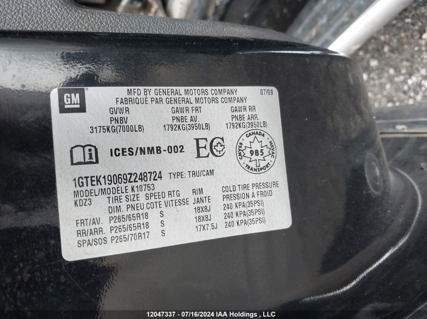 2009 GMC Sierra 1500 VIN: 1GTEK19069Z248724 Lot: 12047337