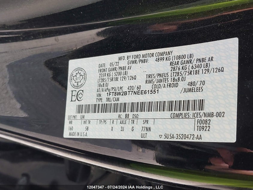 2022 Ford F-250 Lariat VIN: 1FT8W2BT7NEE61551 Lot: 12047347