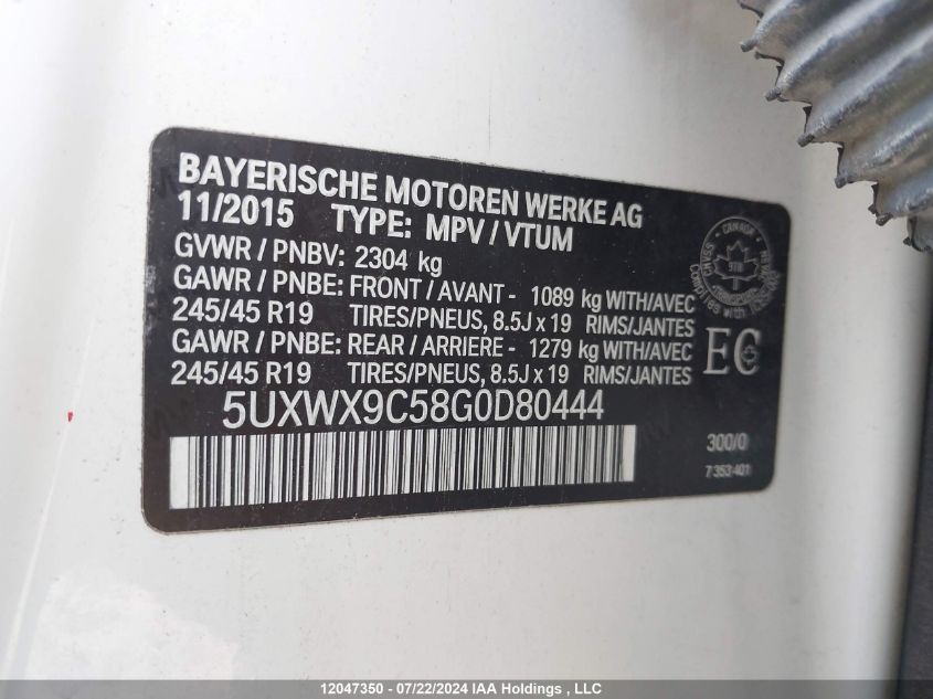 2016 BMW X3 xDrive28I VIN: 5UXWX9C58G0D80444 Lot: 12047350