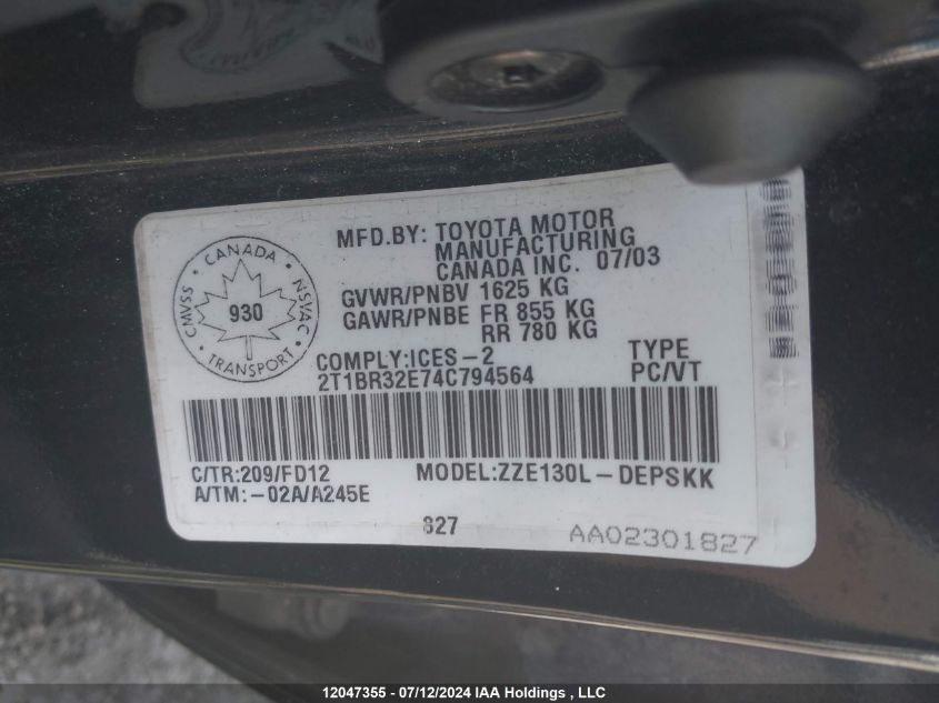 2004 Toyota Corolla Ce/Le/S VIN: 2T1BR32E74C794564 Lot: 12047355