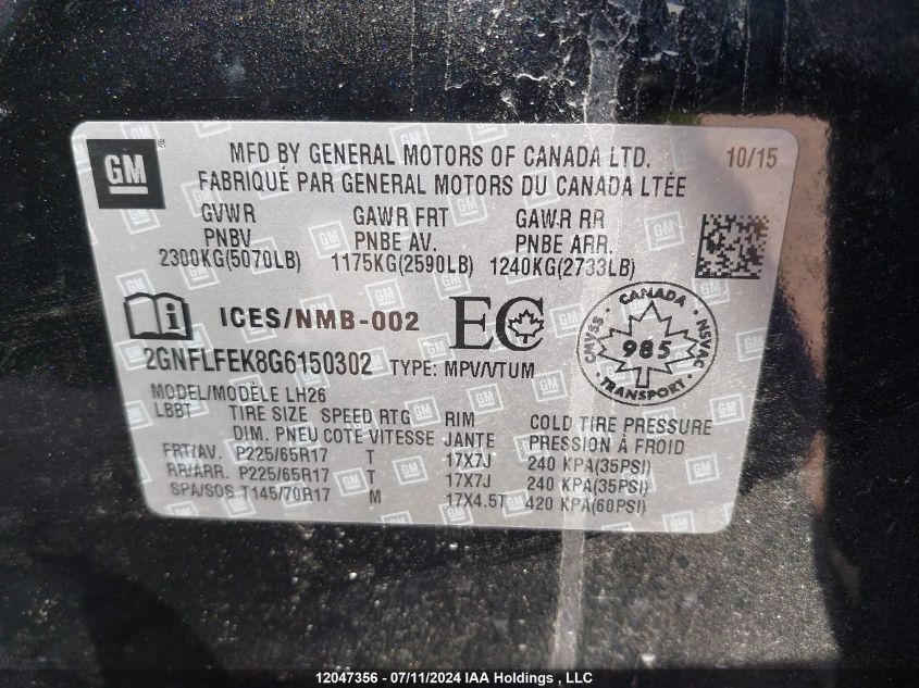 2016 Chevrolet Equinox VIN: 2GNFLFEK8G6150302 Lot: 12047356