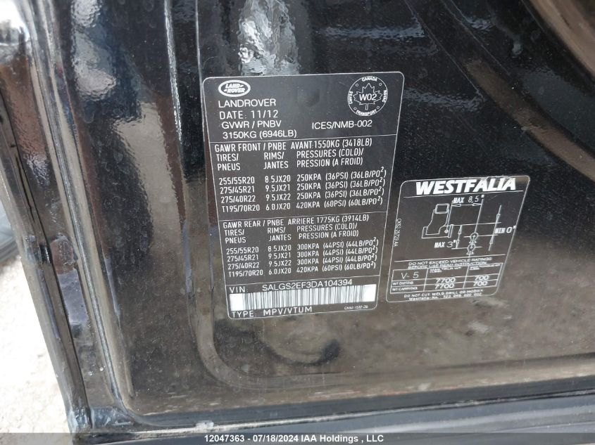 2013 Land Rover Range Rover VIN: SALGS2EF3DA104394 Lot: 12047363