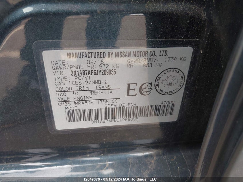 2018 Nissan Sentra VIN: 3N1AB7AP6JY269035 Lot: 12047370