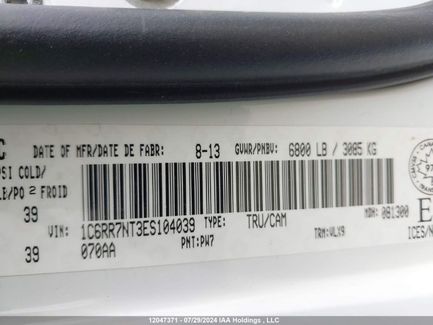 2014 Ram 1500 Laramie VIN: 1C6RR7NT3ES104039 Lot: 12047371