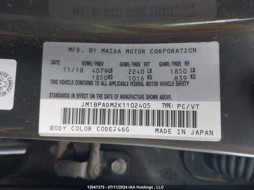 2019 Mazda 3 Preferred VIN: JM1BPADM2K1102405 Lot: 12047375