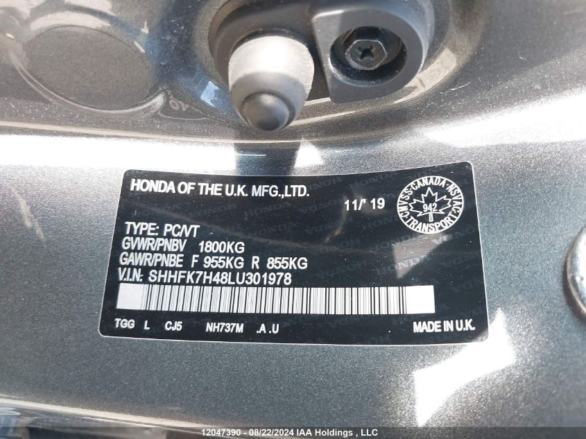 2020 Honda Civic Hatchback VIN: SHHFK7H48LU301978 Lot: 12047390