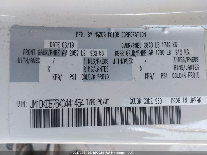 2019 Mazda Cx-3 VIN: JM1DKDB76K0441454 Lot: 12047396