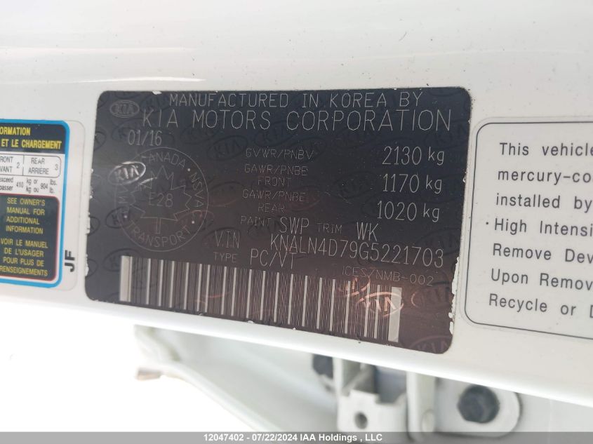 2016 Kia Cadenza VIN: KNALN4D79G5221703 Lot: 12047402