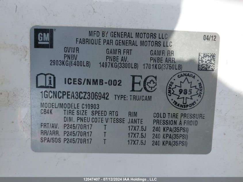 2012 Chevrolet Silverado 1500 VIN: 1GCNCPEA3CZ306942 Lot: 12047407