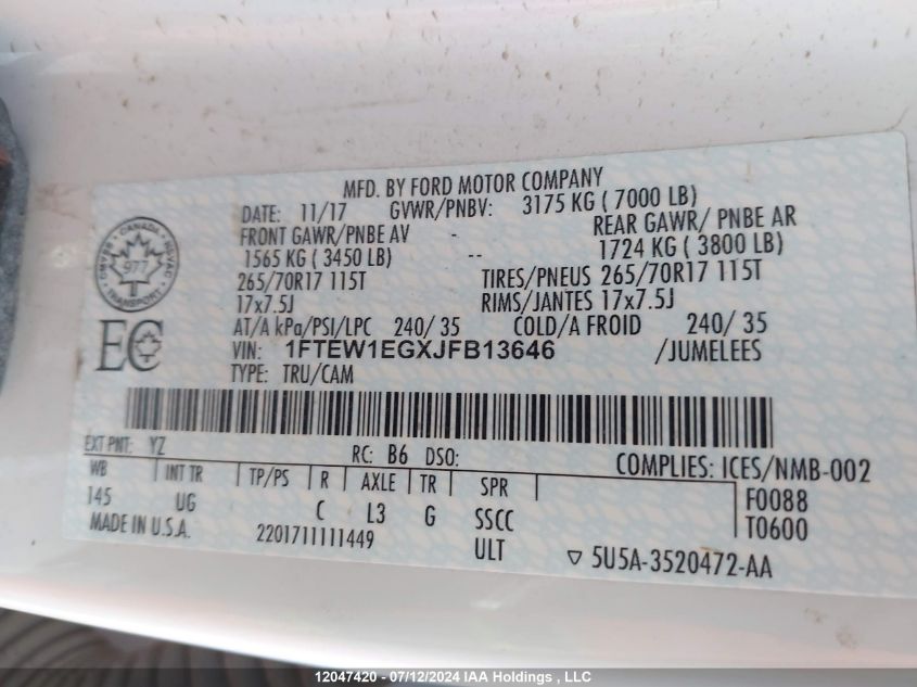 2018 Ford F150 Supercrew VIN: 1FTEW1EGXJFB13646 Lot: 12047420