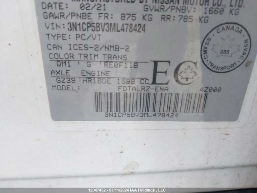 2021 Nissan Kicks VIN: 3N1CP5BV3ML478424 Lot: 12047432