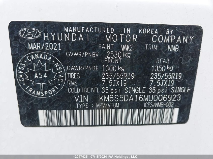 2021 Hyundai Santa Fe Limited VIN: KM8S5DA16MU006923 Lot: 12047435