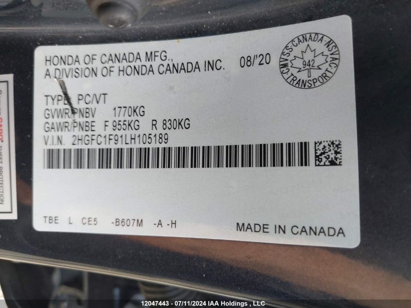 2020 Honda Civic VIN: 2HGFC1F91LH105189 Lot: 12047443