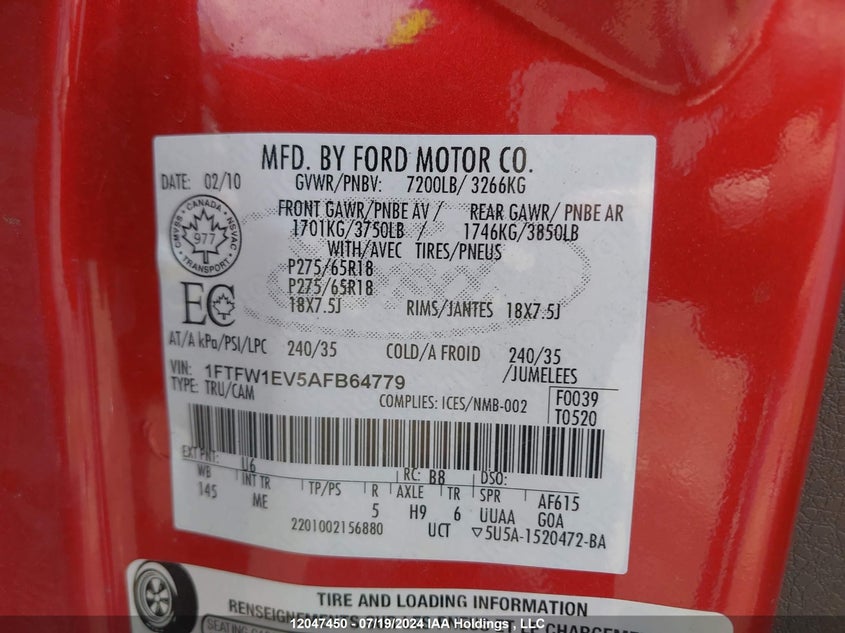 2010 Ford F-150 VIN: 1FTFW1EV5AFB64779 Lot: 12047450